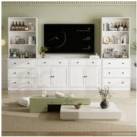 VOWNER TV-Schrank mit Bücherregalen für Fernseher bis zu 70 Zoll, 280 cm TV-Ständer (4-St) Wohnzimmer-Fernsehschrank mit gehärteten Glastüren und Einlegeböden