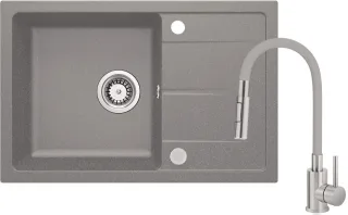 Neuesbad Set: Granitspüle+Küchenarmatur mit Flex-Auslauf Edelstahl-Grau+Zubehör, Grau Metallic NB1DEZRDGS1131