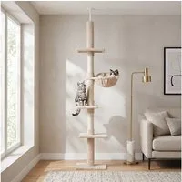 PawHut Kratzbaum Deckenhoch höhenverstellbar, Katzenbaum mit Sisalsäulen, für Garten, Balkon, Beige