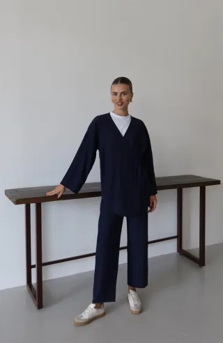 Knitterlook Textured Kimono Anzug Marineblau