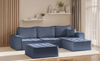 Ecksofa Modulsofa 4-teilig SANDE Stoff Raven Blau Ottomane Rechts