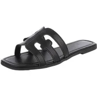 Ital-Design Damen Pantoletten mit Cut-out-Design, flach Pantolette (91970940) Blockabsatz Pantoletten in Schwarz