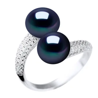 Ring YOU AND ME 2 Süßwasserperlen 9-10 mm Schwarz Schmuck 925