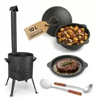 BIG-PAN Feuerstelle Outdoor Kochset Utschak 10L Gusseisen Kazan Dutch Oven komplett Set, (Eintopfofen BBQ Grill Set Outdoor, Campingofen Feldküche), 2mm Stahl mit Abzugsrohr und Aschekasten