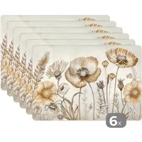 MuchoWow Platzset Blumen - Beige - Natur - Illustration, (6-St), Platzsets, Tischset, Abwaschbar, Tischsets, Platzdeckchen