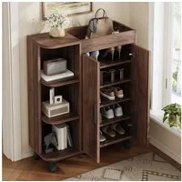 MODFU Schuhschrank 80x99x32 cm mit offenen Fächern, Nussbaum (Packung, 1-St., schmal, Mehrzweckschrank für schmale Eingangsbereiche) Doppeltüriger Schuhschrank in Holzoptik, Kombination aus geschlossenen