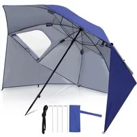 Clanmacy Sonnenschirm Strandschirm 210cm UV Schutz 50+ Neigbar Blau mit Erdspieß & Tasche, LxB: 210x200 cm, Stabiler knickbar/für Garten, Balkon, Terasse/Sonnenschutz UV50+