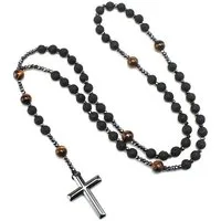 KARMA Perlenkette Kreuz Schwarz 80 cm Lavastein Tigerauge (Herrenhalskette Geschenk für Ihn Halskette), Herren Kette Herrenschmuck Männer
