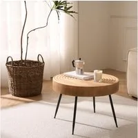 Cagnolier Couchtisch Wohnzimmertisch Holz, Hellbraun Beistelltisch ø60×42cm (1-St), mit Jahresring-Design und schwarzen Metallbeinen