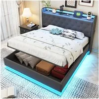 STILVORA Polsterbett Stauraumbett 140×200 Jugendbett Doppelbett mit USB Anschluss und LED (Hautfreundlicher Leinenstoff 140x200 cm), ohne Matratze