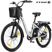 TTGO E-Bike Cityrad 26 Zoll, 52Nm Hinterradmotor, 120km, Federgabel und Federsattelstütze, 7 Gang SHIMANO, Kettenschaltung, Heckmotor, 650 Wh, (5 Stufen, Pedelec, bis zu 125kg, für ca. 160–185 cm), Farbdisplay, Frontkorb, Gepäckträger, Elektrofahrrad