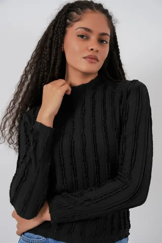 Strukturiertes Slim-Fit Halbhochkragenbluse