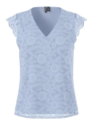PIECES - PCOLLINE SL LACE V-NECK TOP WVN NOOS Kentucky Blue - Gr. - XS