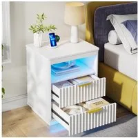 LVSOMT Nachttisch LED Nachttisch für Schlafzimmer mit Ladefunktion und 2 Schubladen (1-St), 50 T x 40 B x 60 H, weiß