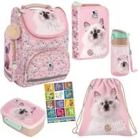GOLDKIDS Schulranzen für Jungen und Mädchen, 6er-Set - (Schul-Rucksack für Kinder mit Federmäppchen -, 1-tlg., Schuhbeutel Trinkflasche und), Brotdose - Katze Motiv- 1-3 Klasse