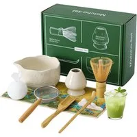 VONATES Teeservice 9tlg. Matcha Set mit Matcha-Schale, Bambus-Besener & Halter, Sieb, Löffel, Tuch, Eisform, aus Bambus und Keramik für Teezeremonie