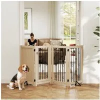 PawHut Hundegitter mit Tür, 4 Paneele (Klappbar Absperrgitter, 1 St., Freistehendes Schutzgitter), für Flur, Treppe, Türrahmen, 205 x 30,5 x 91,5 cm, Eiche