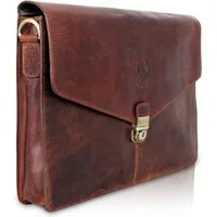 Corno d´Oro Umhängetasche Handmade Schultertasche für Damen Herren Leder Laptoptasche 13-14 Zoll, Handgefertigte MacBook Tasche Echt Leder Klein Braun für DIN A4