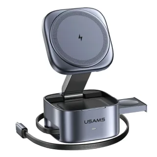 USAMS CD257 Qi2.0 3-in-1 Magnetic Wireless Charger 15W Fast Wireless Charging Stand with Retractable Cable for iPhone 17
