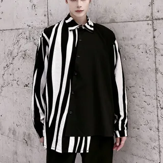 INCERUN Men Patchwork Zebra Stripe Shirt Fashion Slant Placket Casual Lapel Long Sleeve Shirt Loose Large Size Shirt S-5