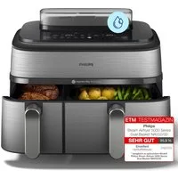 Philips Heißluftfritteuse NA555/00 Steam Airfryer 5000 Series Dual Basket, 9L Kapazität (3L+6L), 2750 W, mit Dampfgar-Funktion, Silber/Edelstahl