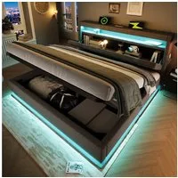 MODFU Polsterbett mit Stauraum LED Beleuchtung Ladefunktion (Struraumbett, Funktionsbett, 140x200 cm, mit Matratze (Dicke20cm), Grau), mit USB- und Typ-C-Anschlüssen, LED-Beleuchtung