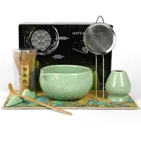 OSTWOLKE Teeservice Matcha Set 7-Teiliges Keramik, Bambusbesen, Schale & Zubehör, Matcha Tee Set für Matcha-Liebhaber