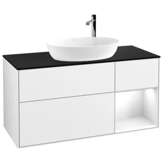 Villeroy und Boch Finion Waschtischunterschrank F952GFGF 120cm, Abdeckplatte black matt, Regale Glossy white lacquer, Glossy white lacquer