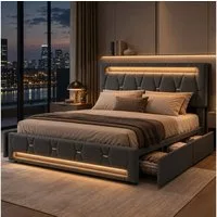 Simurq Polsterbett Polsterbett 140x200 Doppelbett Leinen Grau mit RGB LED & 4 Schubladen (Bettgestell mit 4 Schubladen, Bettgestell mit 4 Schubladen)