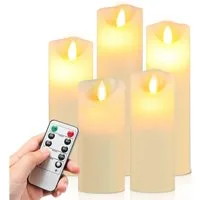 Clanmacy LED-Kerze 5X LED Kerzen Stumpenkerzen aus Echtwachs mit Docht verschiedene Höhen (5-tlg., mit Fernbedienung Timer), Φ 5,3cm x H. 13 / 14 / 16 / 18 / 20 cm