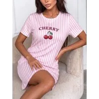 Elegant Love Nachthemd Nachtwäsche mit Buchstabenprint – Bequeme Damen-Schlafbekleidung Leichte Loungewear mit Streifendesign & Kirschprint, Sommer-Schlafmode