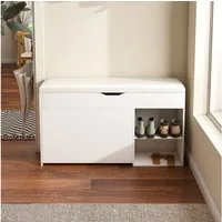 BBWL Schuhbank 100cm mit Stauraum Klappdeckel verstecktes Fach MDF PU Sitzkissen Weiß, Flurbank modernes Design Eingangsbereich Sitzbank robust 100kg