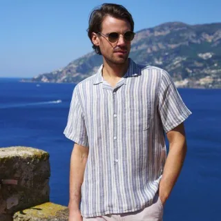 Premium Reinleinen-Hemd mit Kuba-Kragen für Herren, Herren, size: regular, Blau, Baumwolle/Leinen, by Lands' End