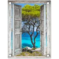 OnlyWow Poster für Garten Baum - Tropisch - Meer - Blick - Strand, Gartenposter, Outdoor Bilder, Gartendeko für draußen, 30x40 cm
