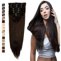 LuxusKollektion Kunsthaar-Extension Haarverlängerung Clip In 8 Teile 18 Clips Echthaar 58 cm Dunkelbraun