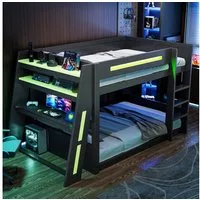 Flieks Etagenbett, Gaming Kinderbett 140x200cm mit Schreibtisch Aufladen LED-Beleuchtung