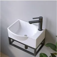 AQUALAVOS Waschbecken Keramik Hängewaschbecken Weiß Klein Eckig-Oval Hahnloch Überlauf, 40,5x28x12cm Platzsparend: Gäste-WC Kleinbäder Renovierung Objektbau