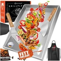 KESSER Grillplatte Plancha aus Edelstahl hitzebeständig bis 800°C (inklusive 2 Spatel, Grillschürze, Grillmatte & Rezeptbuch), Grill Platte für Gas- & Holzkohlegrill mit Fettablauf & Anti-Stick
