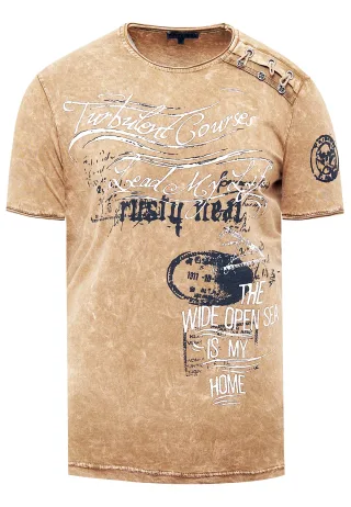 Oil-Washed T-Shirt mit Seitlicher Knopfleiste und Prints
