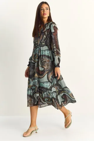 Paisley V-Ausschnitt Midi-Kleid
