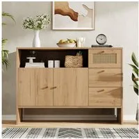 Celya Sideboard Küchenschrank, Buffetschrank mit 2 Türen und 3 Schubladen (Schubladenschrank mit Rattan und Goldgriffen, 105 x 40 x 76 cm), ideal für Wohn-, Ess- oder Küchenbereiche