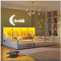 TavilaEcon Kinderbett Zaunbett 140x200 cm mit LED-Beleuchtung & Stauraum, App-Steuerung, LED-Streifen mit 60.000 Farben / 16 Hauptfarben, Weiß