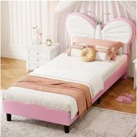 ADWOLT Polsterbett Kinderbett Bettgestell in Schmetterlingsform, Mit LED-Leseleuchte (Packung, 1-tlg., Jugendbett), 90x200 cm,Geeignet für Jugendliche und Kinder, Samtstoff - rosa