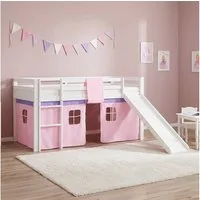 Homestyle4u Hochbett 90x200 Kinderbett mit Leiter und Vorhang Weiß Rosa Holz Treppe Kinder (Set, mit Lattenrost, Rutsche, Spielbett) Kiefer, Jungen Mädchen