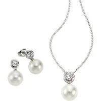 Firetti Ohrring und Ketten Set Multipack Schmuck Geschenk Silber 925 Halskette Ohrstecker Perlschmuck (Set, 4-tlg), mit Zirkonia (synth) - mit Muschelkernperlen