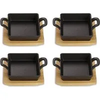 ECHTWERK Servierpfanne 4x Quadratische Servierschale, Gusseisen (Set, 4-tlg), inkl. dekorativem Servierbrett, bereits eingebrannt