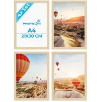 PHOTOLINI Bilderrahmen 4er Set 21x30 cm / DIN A4 Poster-Rahmen, zum Aufhängen & Aufstellen, für 4 Bilder (4er Set), MDF Holz, bruchsicheres Acrylglas & Zubehör, für Fotos & Poster