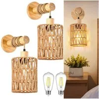 MUPOO LED Wandleuchte Vintage Innen Wandleuchte,E27 Retro Holz Wandlampe, Warmweiß Glühbirne, LED fest integriert, mit Rattan Lampenschirm,Handgewebte im Farmhouse - Stil