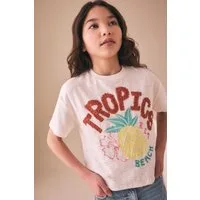 Next T-Shirt Strukturiertes T-Shirt mit tropischer Stickerei (1-tlg)