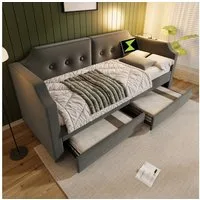 Flieks Daybett, Polsterbett Schlafsofa 90x200cm 2 Schubladen/ Leselicht/ Ladefunktion